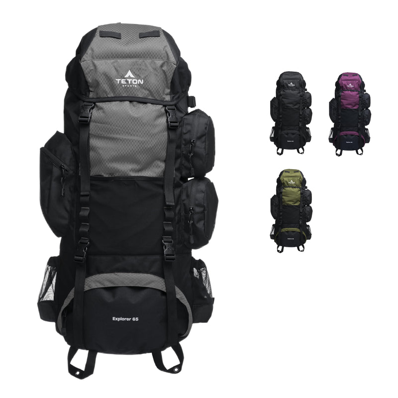 Teton 65L Explorer Internal Frame Backpack for Hiking, Camping, Backpacking, Rain Cover Included, Graphite