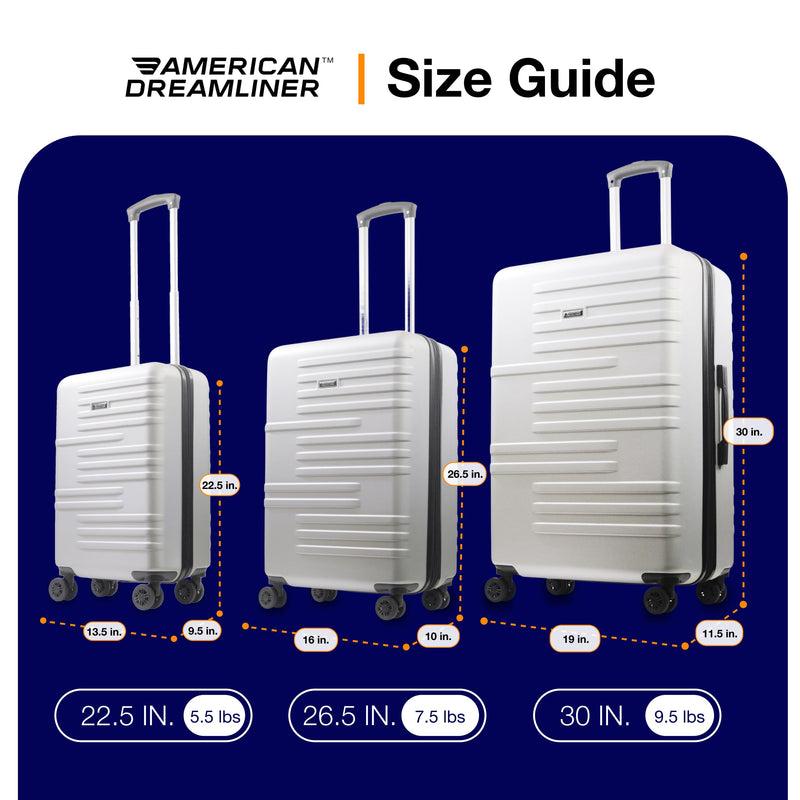 American Dreamliner 3 Piece Set Rolling Luggage, Hardshell Suitcases with Spinner Wheels, 22.5, 26.5, and 30 Inch, Silver Grey