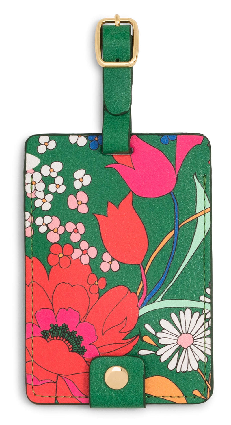 Ban.do Getaway Suitcase Tag for Travel, Green Floral Durable Vegan Leather Luggage Identifier, Superbloom
