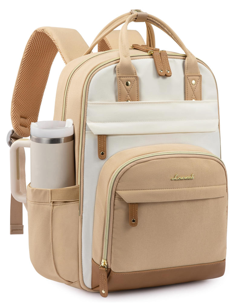 LOVEVOOK Laptop Backpack for Women with Giant Tumbler Holder Pocket,15.6 inch School College Bookbag Nurse Teacher Backpack,Work Travel Backpack Purse Laptop Computer Bag,Beige-Off-white-Earthy yellow