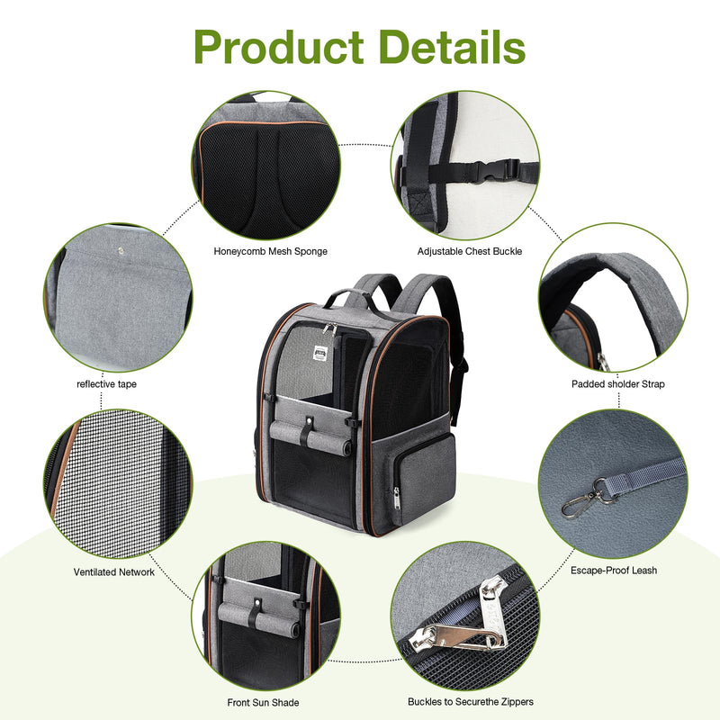 Lekebobor Cat Carrier Backpack, Expandable Pet Carrier with Sun Shade & Full Front Opening, Breathable Mesh Backpack for Small Dogs & Medium Cats Up to 18 Lbs, Foldable for Hiking, Camping (Grey)