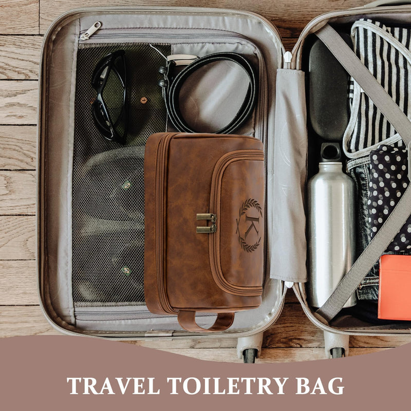 Aganmi Personalized Christmas Birthday Gifts Toiletry Bag for Men Dad Husband, Custom Initial PU Leather Waterproof Toiletry Organizer Dopp Kit Shaving Bag Travel Essential for Men, Light Brown J