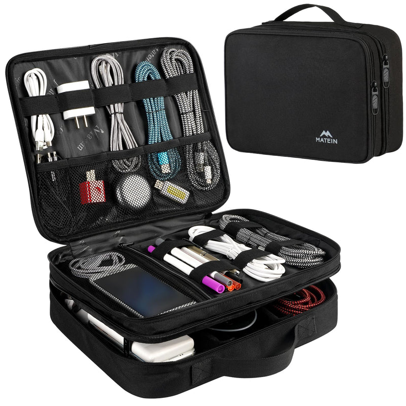 MATEIN Cable Organizer Bag, Large Travel Storage Bag Sturdy Tool Case with Handle for Phone Cord Electronics Accessories, Carrying Case for Tablet (Up to 12.9inch), Powerbank, Hard Drive, Black