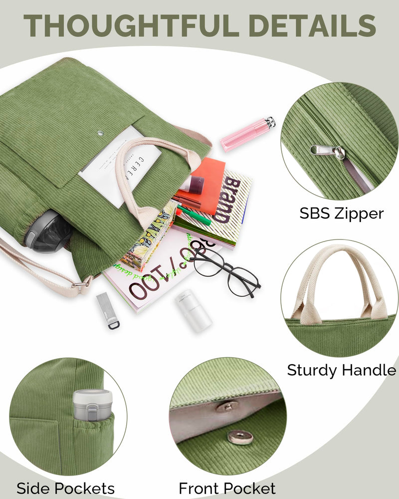 Prite Corduroy Tote Bag for Women Large Crossbody Hobo Shoulder Bag with Pockets Tote Handbag for Work,College,Shopping(Green)