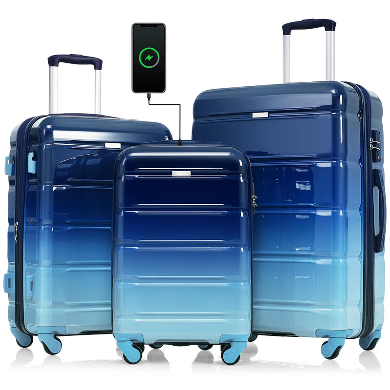 Merax 3 Piece Luggage Set ABS PC Hardside Lightweight Suitcase Sets Spinner Wheels Suitcase with TSA Lock, 20 inch Airline Certified Carry on Luggage with USB Port, 20" 24" 28", Gradient Blue
