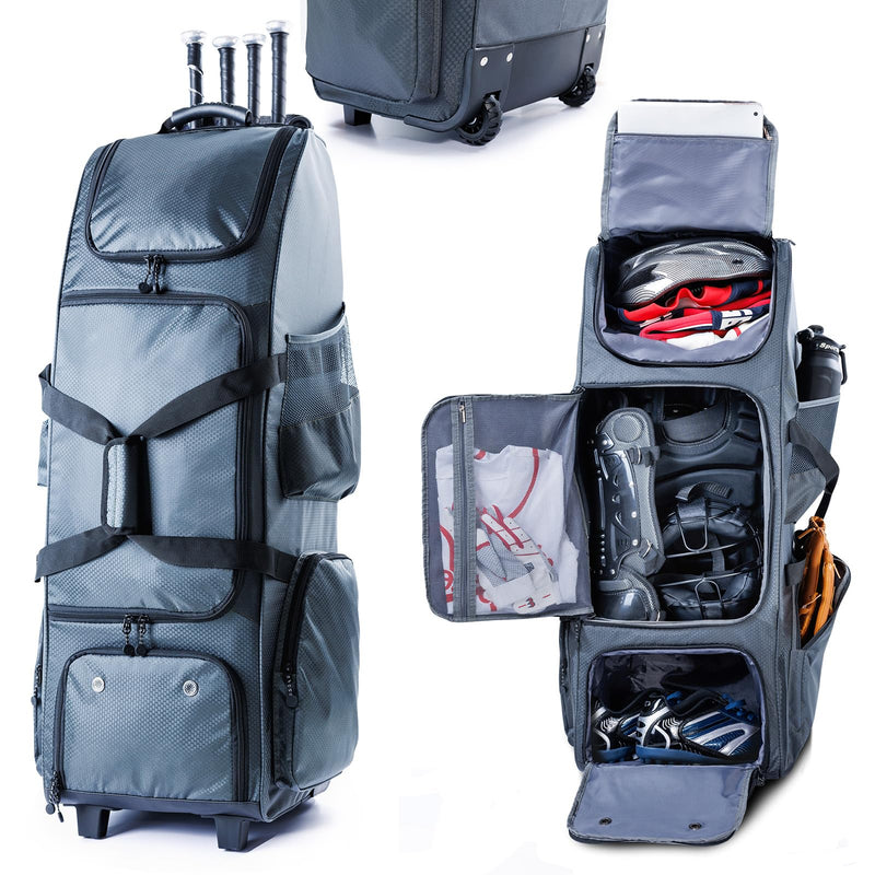 VIGEGARI Large Rolling Baseball Bag with Wheels - Softball Bag for T-Ball to Adult Leagues - Grey, 4 Bats, Separate Shoe Compartment, Fence Hook