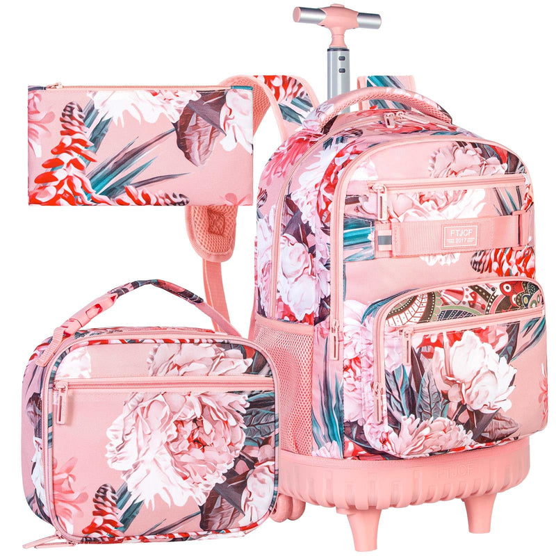 3Pcs Rolling Backpack for Girls Women, 19 Inche Adults Roller Bag with Wheels, Flower Wheeled Bookbag with Lunch Box(Pink)