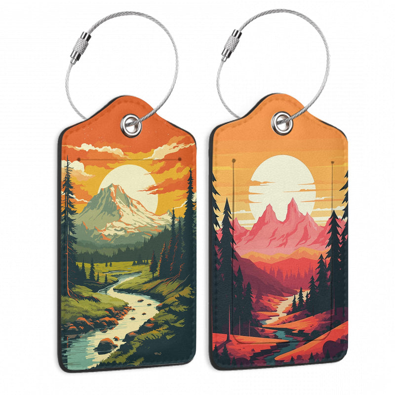 Vintage Mountain 2 Pack Luggage Tag for Suitcase, Cute Unique Leather Bag Tags Identifiers Privacy Cover ID Label with Durable Steel Loop for Women Men Kids Girls Travel