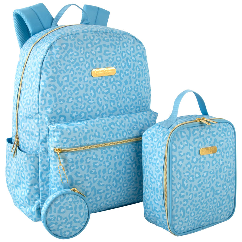 Jessica Simpson Women’s Computer Backpack with Lunch Box, Side Pockets, Coin Purse Keychain | 3 Piece Laptop Backpack with Lunch Bag Set (Bold Blue Cheetah)