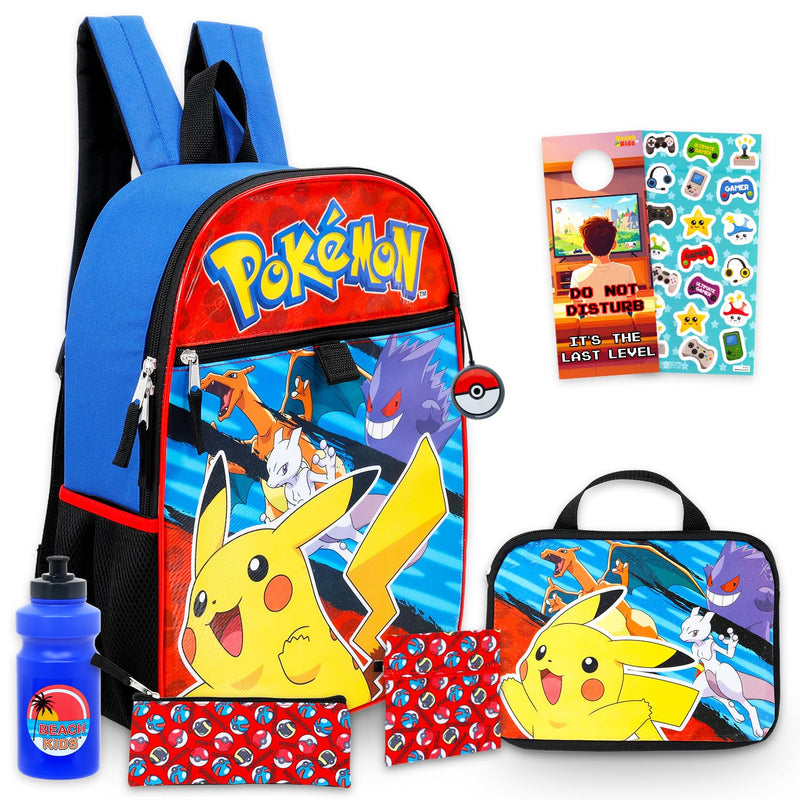 Pokemon Backpack Set - Bundle with 16" Pikachu Backpack, Utility Case, Pencil Holder, Water Bottle, Stickers, More | Pokemon School Bag Set for Kids, Boys, Girls