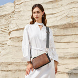 BOSTANTEN Small Crossbody Purse for Women Triple Zip Cell Phone Leather Shoulder Handbag with Wide Guitar Strap Brown with Black