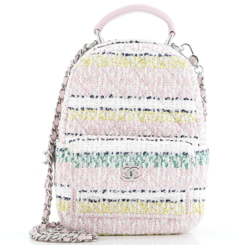 Chanel, Pre-Loved Classic CC Chain Pocket Backpack Quilted Tweed Mini, Pink