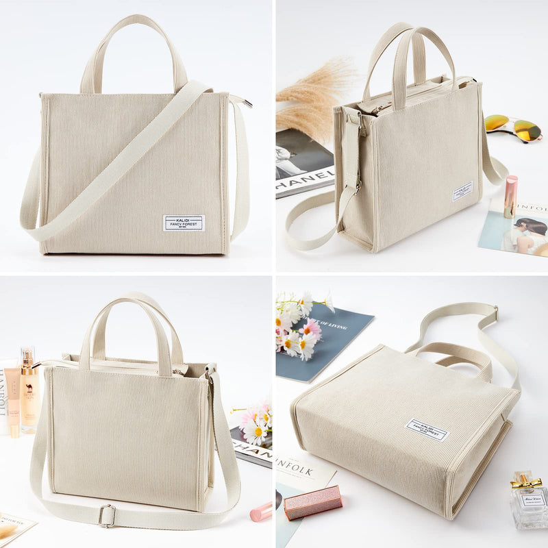 KALIDI Corduroy Tote Bag for Women Fashion Women Zipper Tote Handbag Vintage Crossbody Shoulder bag Tote Hobo Satchel Bag Purse, Cream White