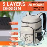 N NEVO RHINO Backpack Cooler, 36 Cans, Light Gray, Nylon, Insulated, Waterproof, Leakproof, Large Capacity, Multiple Pockets, 1.85 lbs