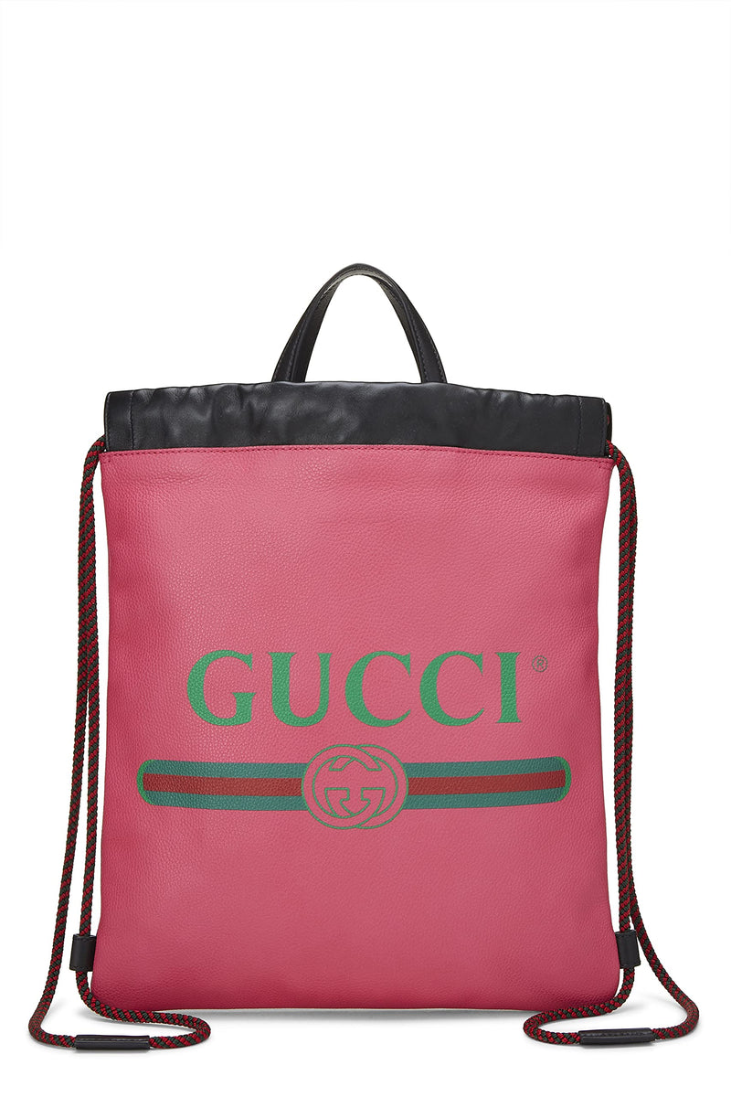 Gucci, Pre-Loved Leather Logo Print Drawstring Backpack, Pink