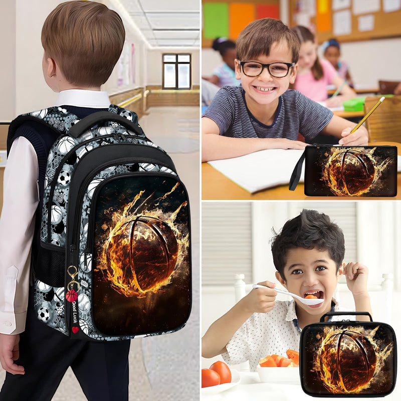 Fitvc School Backpack for Boys - 4pcs Basketball Boys Backpack with Lunch Box Set for Kids Children Teens Elementary Middle School - 17″ Sport Bookbag Travel Back Pack for Age 6-18