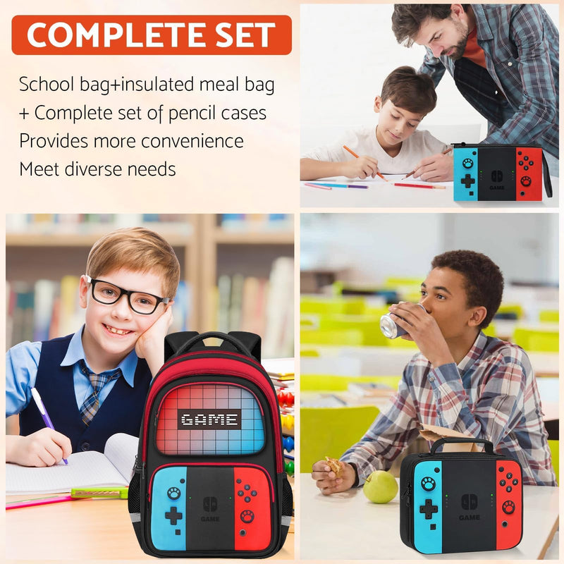 TILYTADLY School Backpack for Boys - 3pcs Gamer Boys Backpack with Lunch Box and Pencil Case for Kids Children Teens Elementary Middle School - HFHTDC Video Game Bookbag 17″ Large Capacity