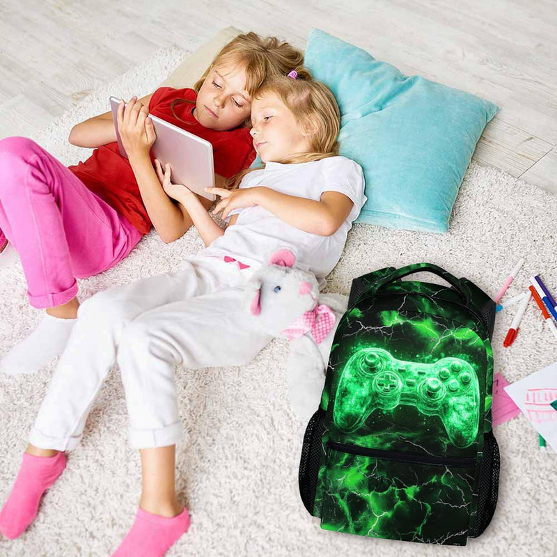 Kids Backpack, Cool Green Gamer Bookbag for Boys 6-8, Boys Gift for Birthday, 17 Inch Leisure Backpack for School Preschool Elementary Kindergarten