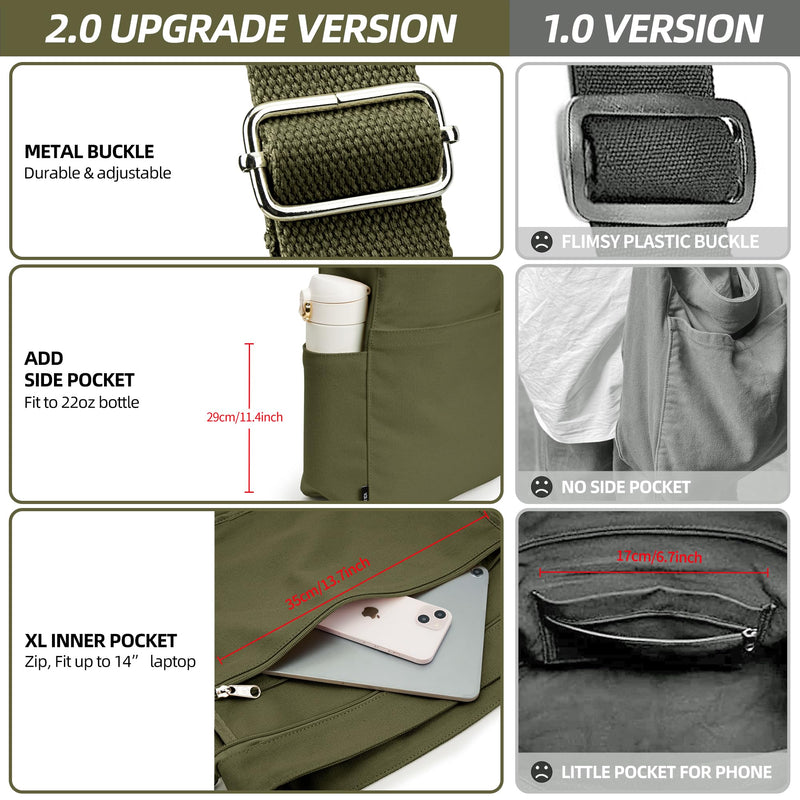 KALIDI Canvas Tote Bag Large Hobo Crossbody Shoulder Handbag Zipper Messenger Bag for Women or Men Casual College Work