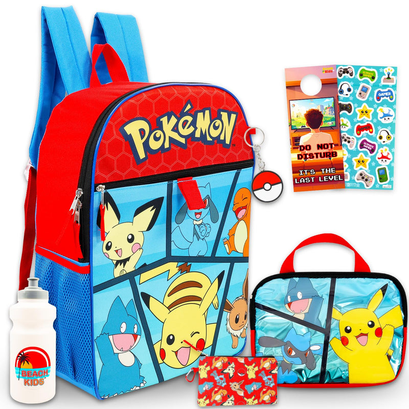 Pokemon Backpack for Boys, Kids - 5 Pc Bundle with 16" Pokemon School Bag, Utility Case, Pencil Holder, Water Bottle, Stickers, More | Pikachu Backpack Set