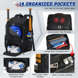 RAINSMORE Baseball Backpack, Lightweight Softball Bag with Shoe Compartment Baseball Bag for Youth & Adult Softball Bat Bag with Fence Hook Helmet Holder Sports Backpack for T-Ball Equipment,Black