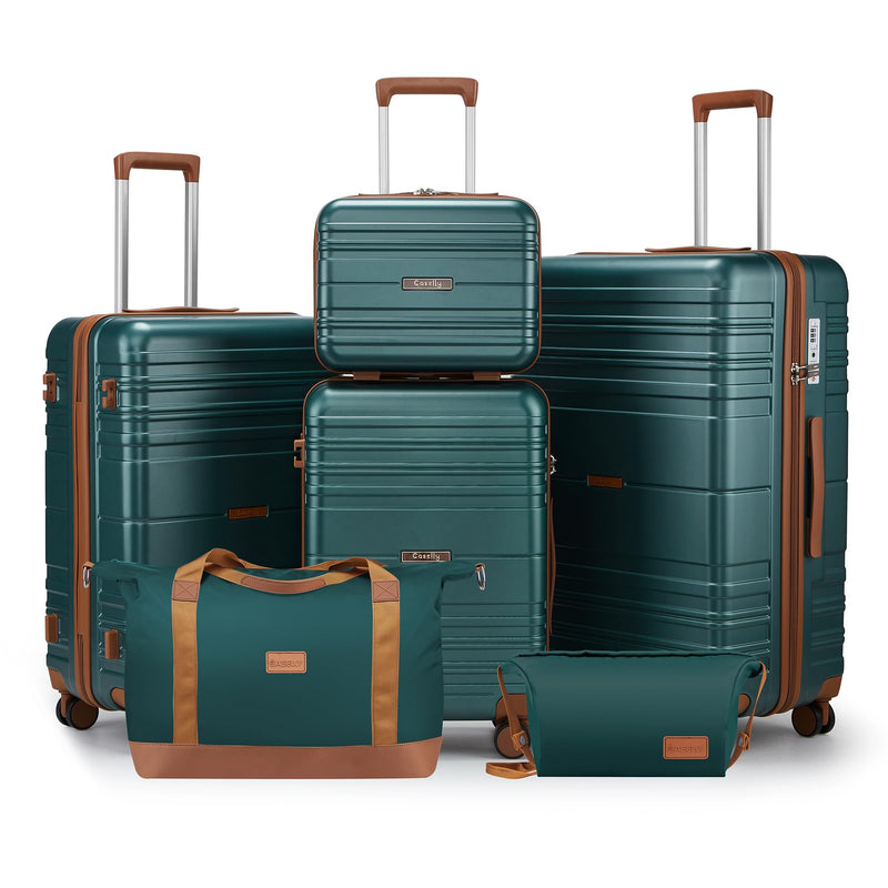 CASELLY Luggage Sets 6 Piece with Spinner Wheels, Lightweight Hardshell Suitcase Set with TSA Lock, Carry On Checked Luggage Set with YKK Zippers (Dark Green, 6 piece sets（14/20/24/28/DB/TB）)