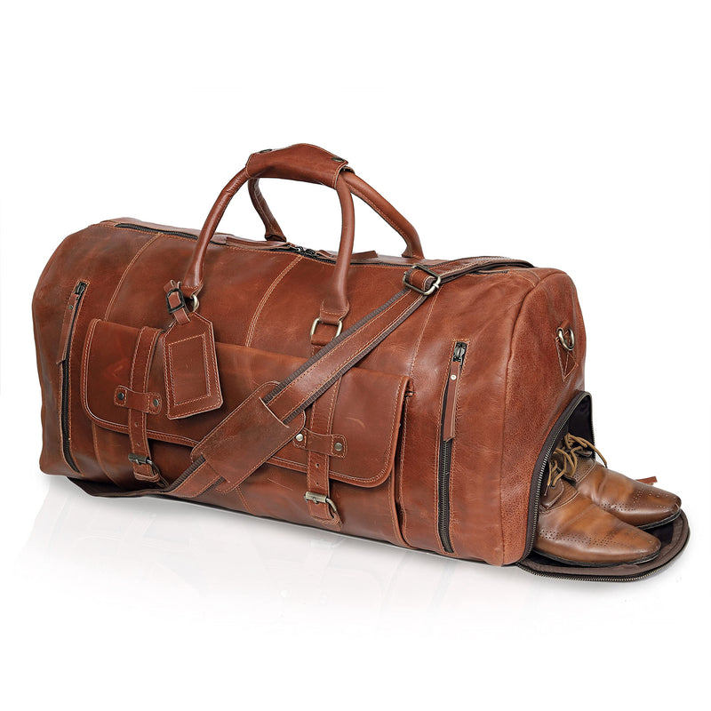 24 Inch Leather Duffle Bags for Men Large Full-Grain Buffalo Leather Overnight Gym Bag, Luggage Weekend Travel Bag for Men & Women, Carry On Airplane Cabin Bag with Shoe Compartment