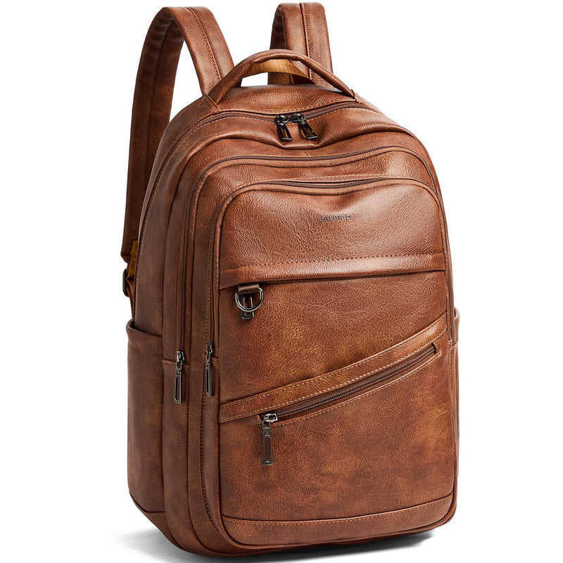 LATMAP 43L Backpack for Women Men - Vegan Leather Backpack Purse Travel Carry-on Bag College Bookbag Work fits 17" Laptop, Brown