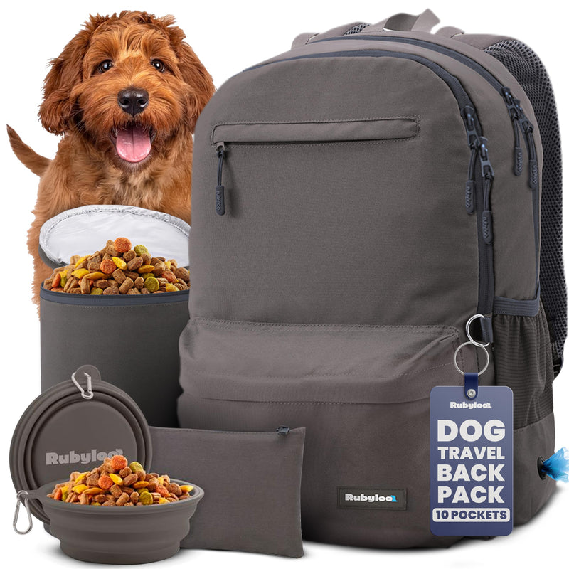 Dog Travel Bag for Supplies - Complete Dog Diaper Bag Backpack with 2 BPA-Free Travel Bowls, Treat Pouch, Food Container, Placemat & Laptop Sleeve – for Traveling, Road Trips, Hiking: Dk Grey