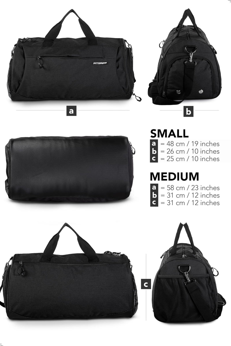 Fitgriff® Gym Bag for Men & Women with Shoe & Wet Compartment - Duffle Bag for Travel, Sports, Fitness & Workout (Full Black, 19 x 10 x 10″ (Small))