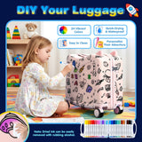 Kids Ride-On Suitcase with Cute Ears, DIY Graffiti Coloring Design, 20" Carry-On Luggage with 4 Spinner Wheels, Pull Rope & Combination Lock – Rideable Travel Case for Toddlers & Children(Pink)