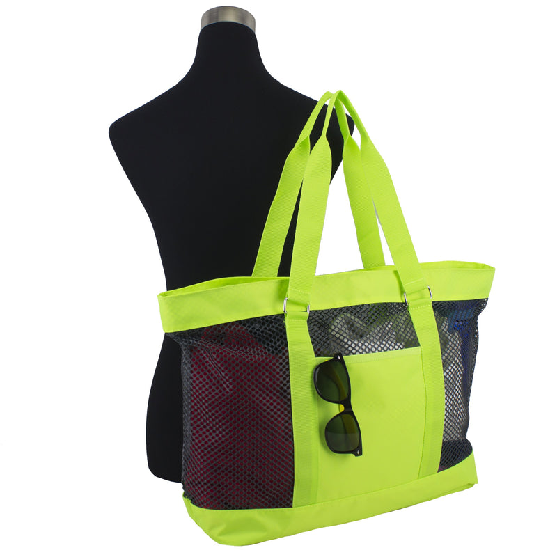 Eastsport Mesh Classic Tote Beach Gym Shopping Shoulder Handbag Bag, Indigo/Neon Yellow