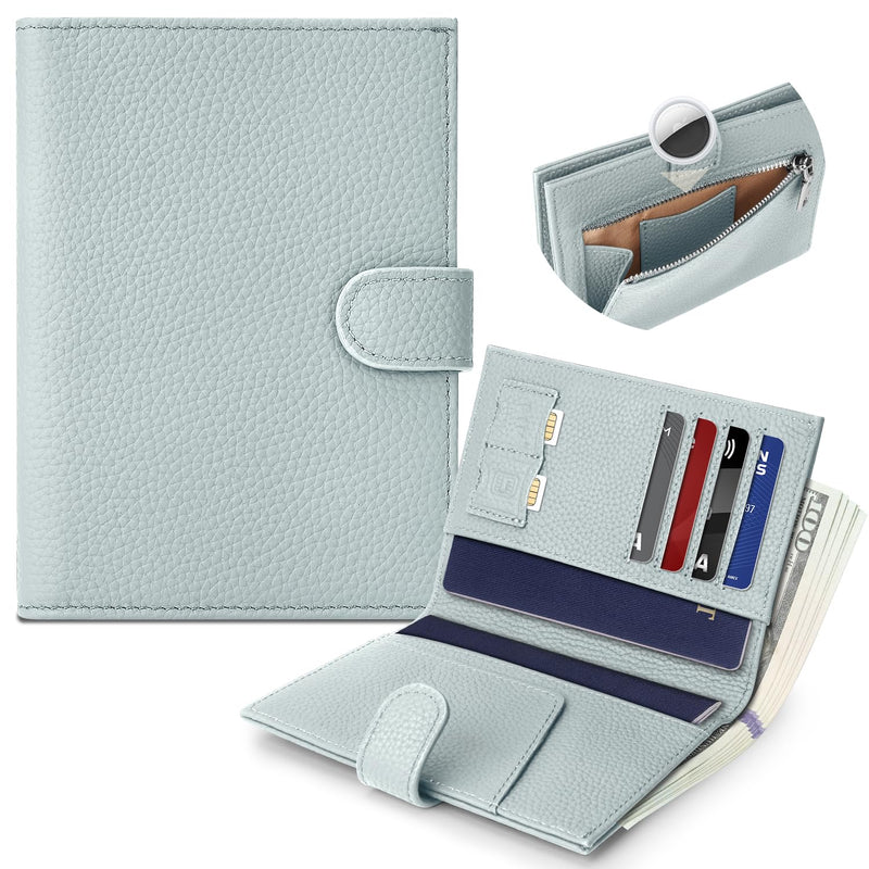 Genuine Leather Passport Holder for Women Men, Hidden Airtag Pocket, RFID Blocking, Zippered Coins Pocket & Cash Compartment Travel Gifts Essentials Passport Cover Case - Blue