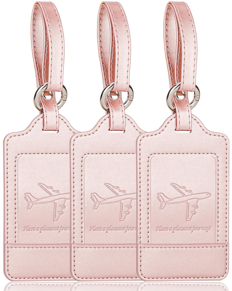 3 Pack Luggage Tags - Quick Install, Privacy Protection, Airplane Travel Essentials for Suitcases, Durable Leather - Rose Gold