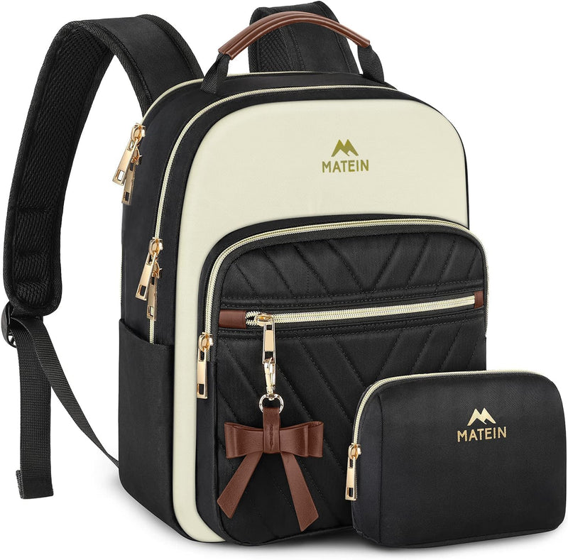 MATEIN Mini Backpack Purse for Women, Fashion Small Purse Backpack, Waterproof Casual Daily Cute Shoulder Bag Ladies Handbags for Travel Work College, 2pcs Sets, Black-Beige