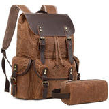 Yamons Genuine Leather Backpack for Men, Waxed Canvas Backpack Shoulder Rucksack with Toiletry Vintage Backpack for Travel,Camping, Hiking(Coffee)