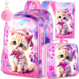 AGSDON 3PCS Backpacks for Girls, 16" Elementary Kids Cute Cat Backpack Preschool School Bookbags and Lunch Box