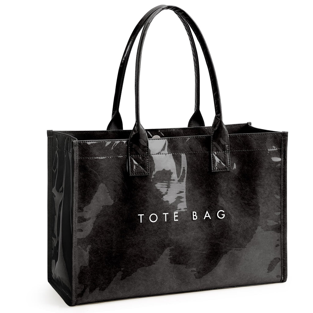 KALIDI PVC Tote Bag Women’s Kraft Paper Work Handbags Purses with Top Handle,Black