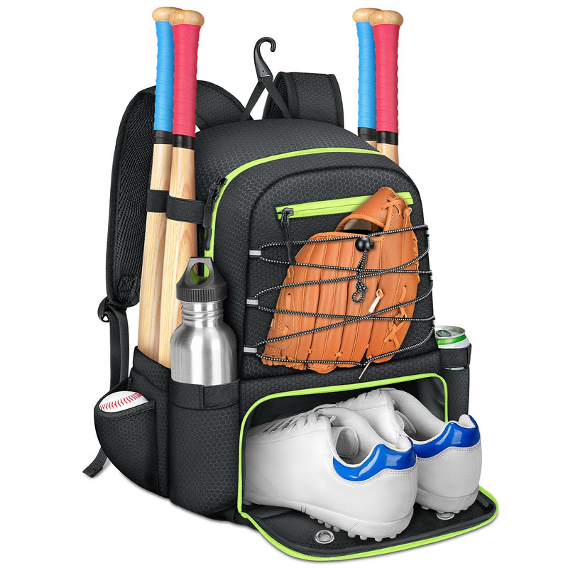 MATEIN Baseball Bat Bag for 4 Bats with Ball Pocket, Lightweight Youth Baseball Backpack with Shoe Compartment, Large Capacity Softball Equipment Bag with Fence Hook for TBall Gear, Helmet,Glove,Black