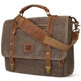 Manificent Laptop Messenger bag for Mens 15.6 Inch, Waterproof Vintage Genuine Leather Mens Briefcase shoulder bag 16 Storage Pockets, Waxed Canvas Leather Computer Business Satchel Work Bag (Brown)