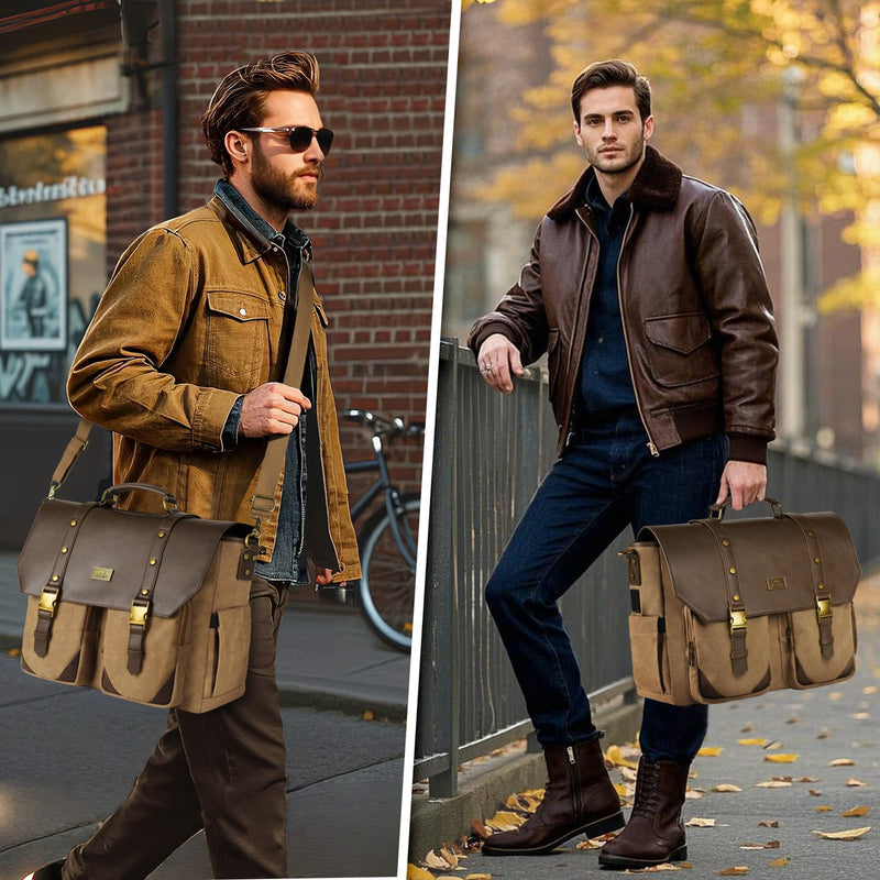 MATEIN Vintage Messenger Bag with USB Charging Port & RFID Blocking Pocket, 15.6 inch Laptop Bag Canvas PU Leather Men Briefcase, Water Resistant Computer Satchel Crossbody for Work Commuting, Brown
