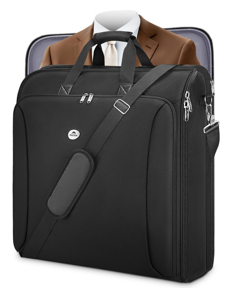 MATEIN Garment Bags for Travel, Large Double Layer Suit Bag Up to 6 Suits with Shoulder Strap, Foldable Carry On Garment Luggage for Hanging Clothes, Convertible Business Suitcase for Men Women, Black