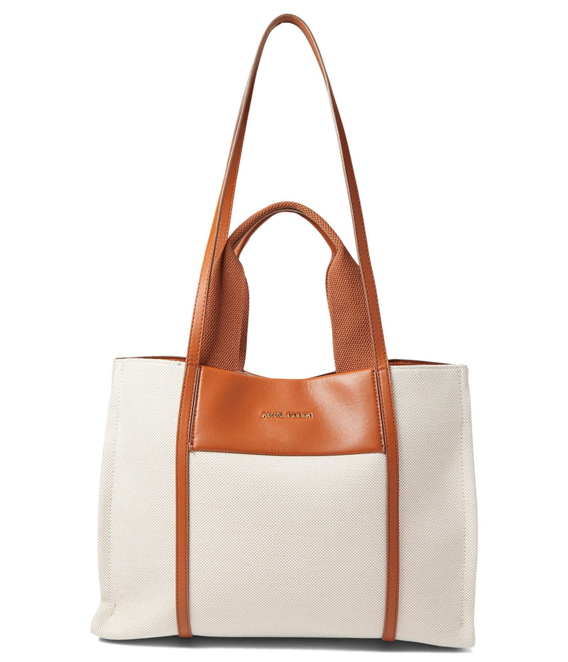 Anne Klein Womens Medium Color Blocked Canvas Tote, Tan- Cream/Saddle