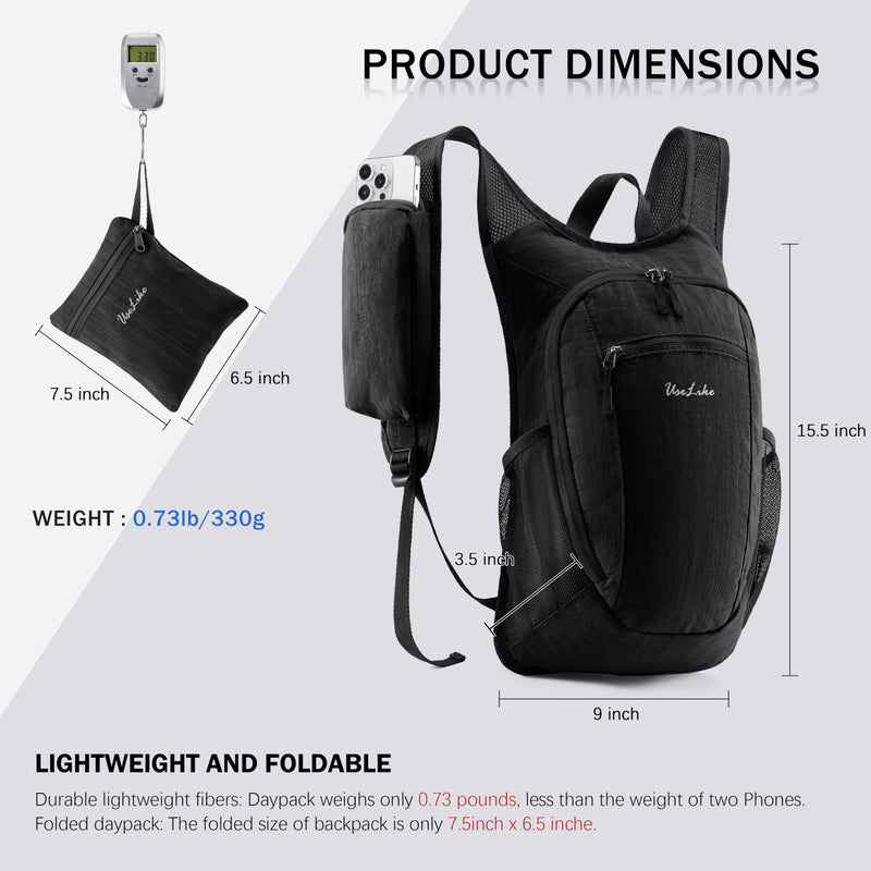 Uselike 10L Small Hiking Backpack Travel Daypack Lightweight Packable Back Pack for Women Men(Black)