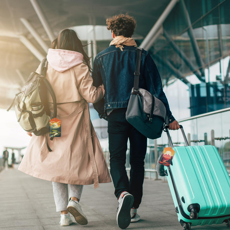 Vintage Mountain 2 Pack Luggage Tag for Suitcase, Cute Unique Leather Bag Tags Identifiers Privacy Cover ID Label with Durable Steel Loop for Women Men Kids Girls Travel