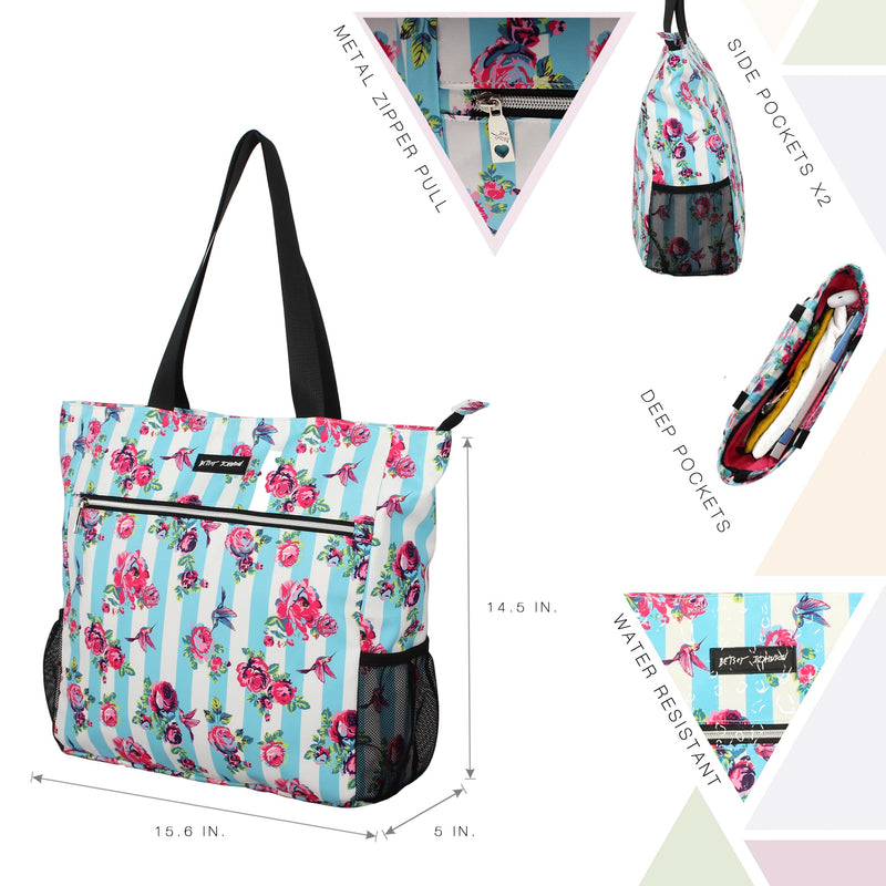 Betsey Johnson 15.6 Inch Zipper Beach Tote Bag Lightweight Large Durable Polyester with Mesh Side Pockets for Gym Work, Hummingbird Floral