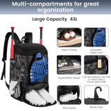 BIAOTN Youth Adult Baseball Bag, Large Sports Tball Backpack for Kids Boys and Girls, Multi-Functional Equipment Bags for Baseball, Softball, Tee Ball, Gym, Travel, Hunting (Black+Camouglage)