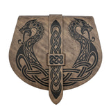 HiiFeuer Viking Embossed Langskip Belt Pouch, Medieval Faux Leather Flap Saddle Side Bag Purses, Retro Portable Belt Bag (Brown A)