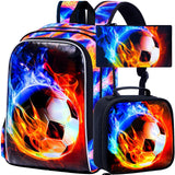 KLFVB 3PCS Kids Backpack, 17" Boys Football Bookbag and Lunch Box, Water Resistant Teenagers School Backpacks for Middle Elementary - Flame Soccer