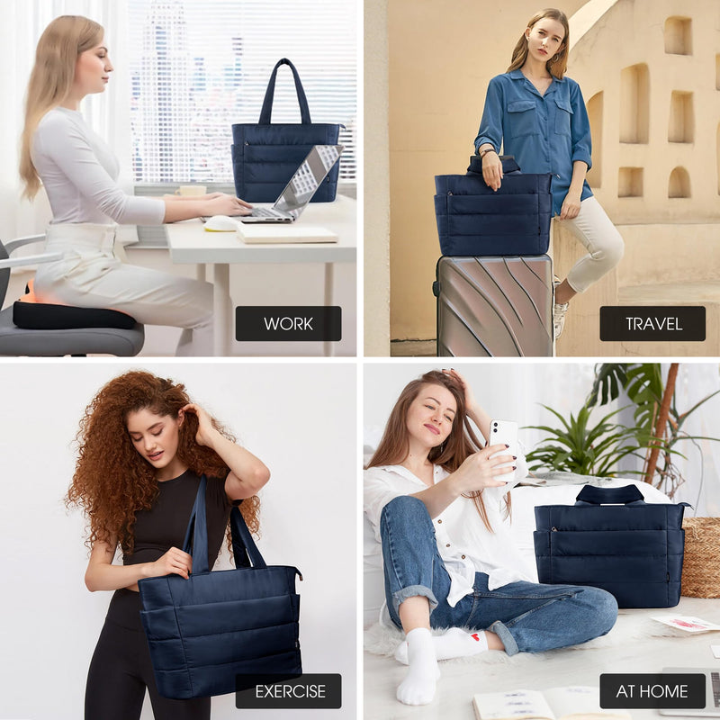 KALIDI Quilted Tote Bag, Carryall Puffer Shoulder Bag Padded Travel Large Anti Splash Zipper Casual Work Gym Women, Dark Blue